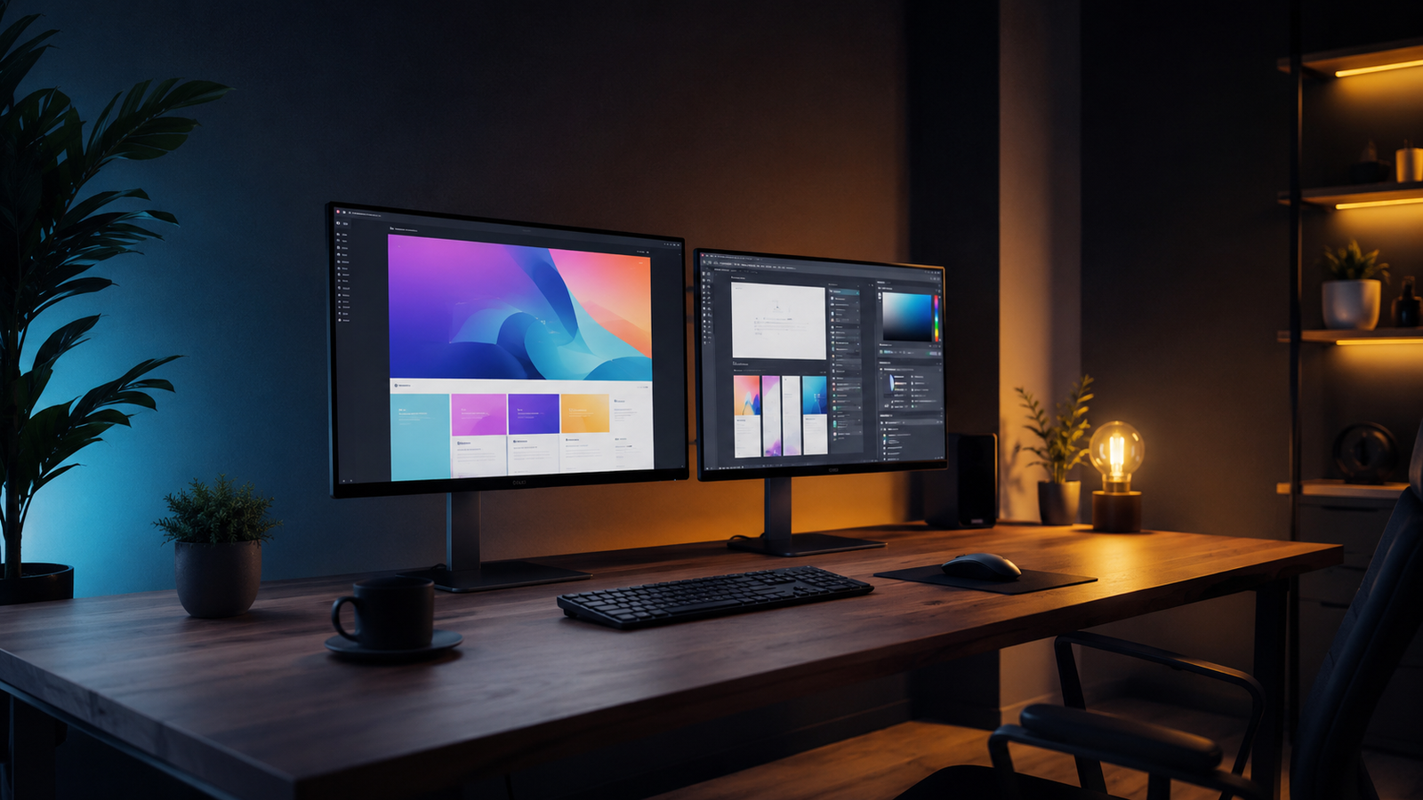 Ranford Studio design workspace with dual monitors showing web and app design work